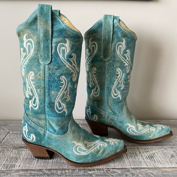 Corral-Turquoise Cortez/Cream Aged Leather Snip Toe Western Boots (Size:7.5) - Picture 1 of 11
